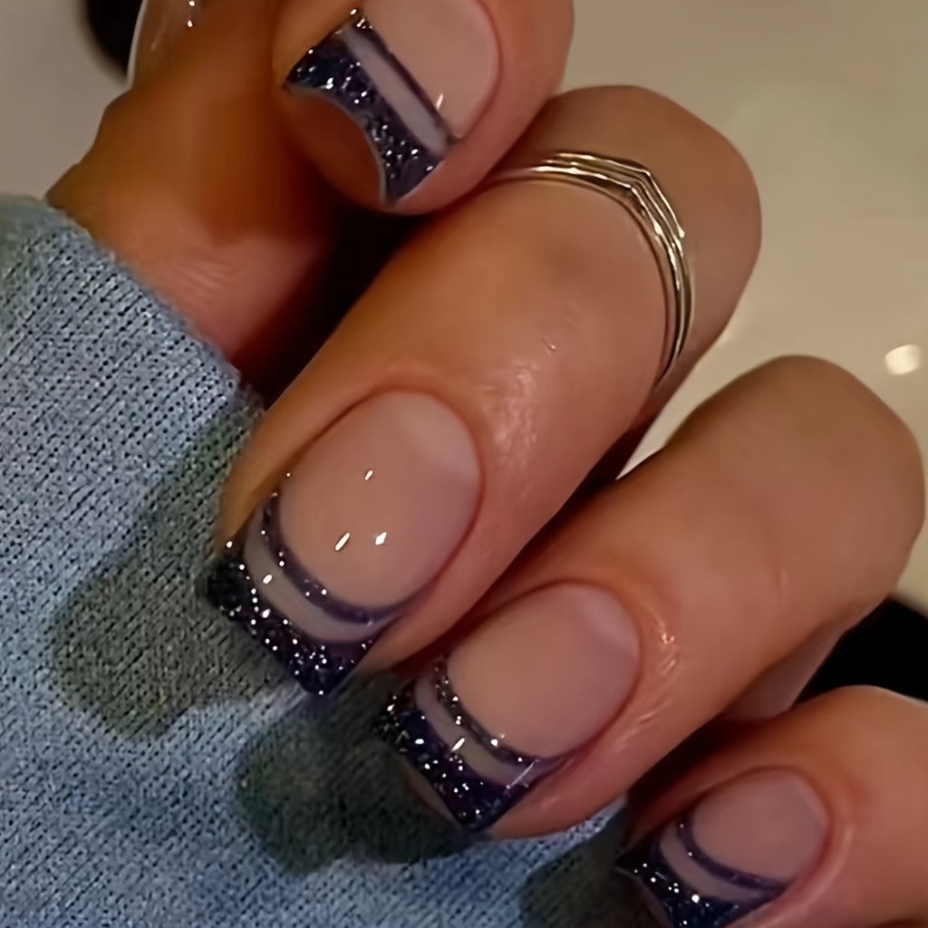 24 Pieces of Elegant Black Striped Geometric French Manicure Nail Tips with Sparkling Finish - Long-Lasting, Easy to Apply, and Reusable - Perfect for Salon or At-Home Nail Art